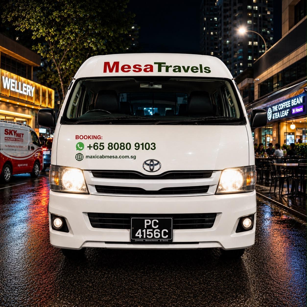 Private Mesa Travels vehicle for Singapore airport transfer, booking contact displayed